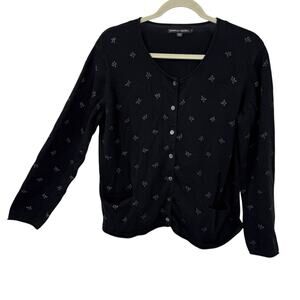 Gudrun Sjoden Cardigan Sweater Large Black Floral Cotton Button Up Pockets Boho